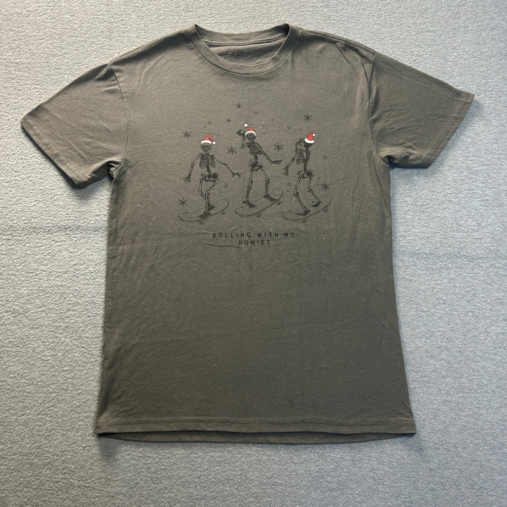 Graphic T-Shirt Womens Small Gray Rolling‎ With My Homies Skeleton Christmas